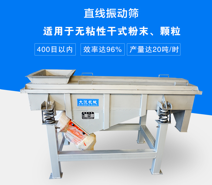 直線振動篩適用于無粘性干式粉末、顆粒，產(chǎn)量達(dá)20噸/時